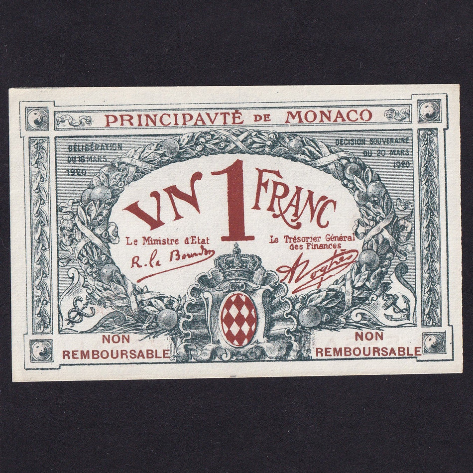 Monaco (P5) 1 Franc blue grey brown essay, 1920, UNC