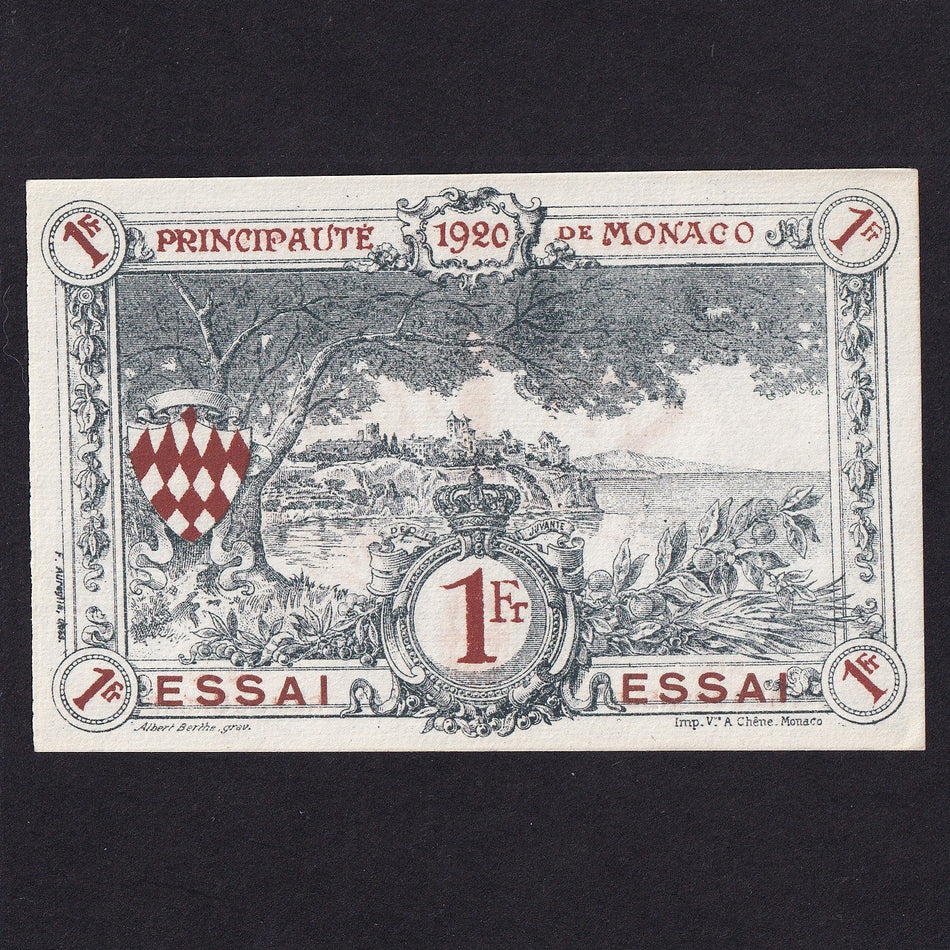 Monaco (P5) 1 Franc blue grey brown essay, 1920, UNC