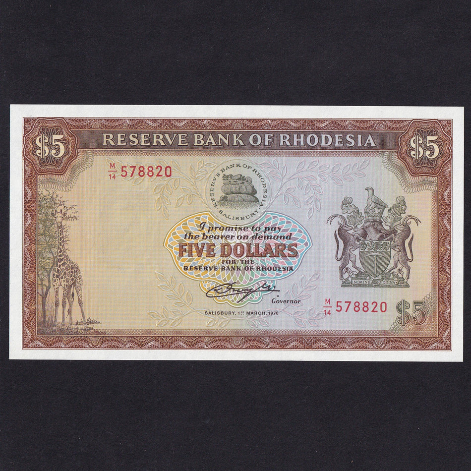Rhodesia (P36a) $5, 1st March 1976, Rhodes watermark, UNC