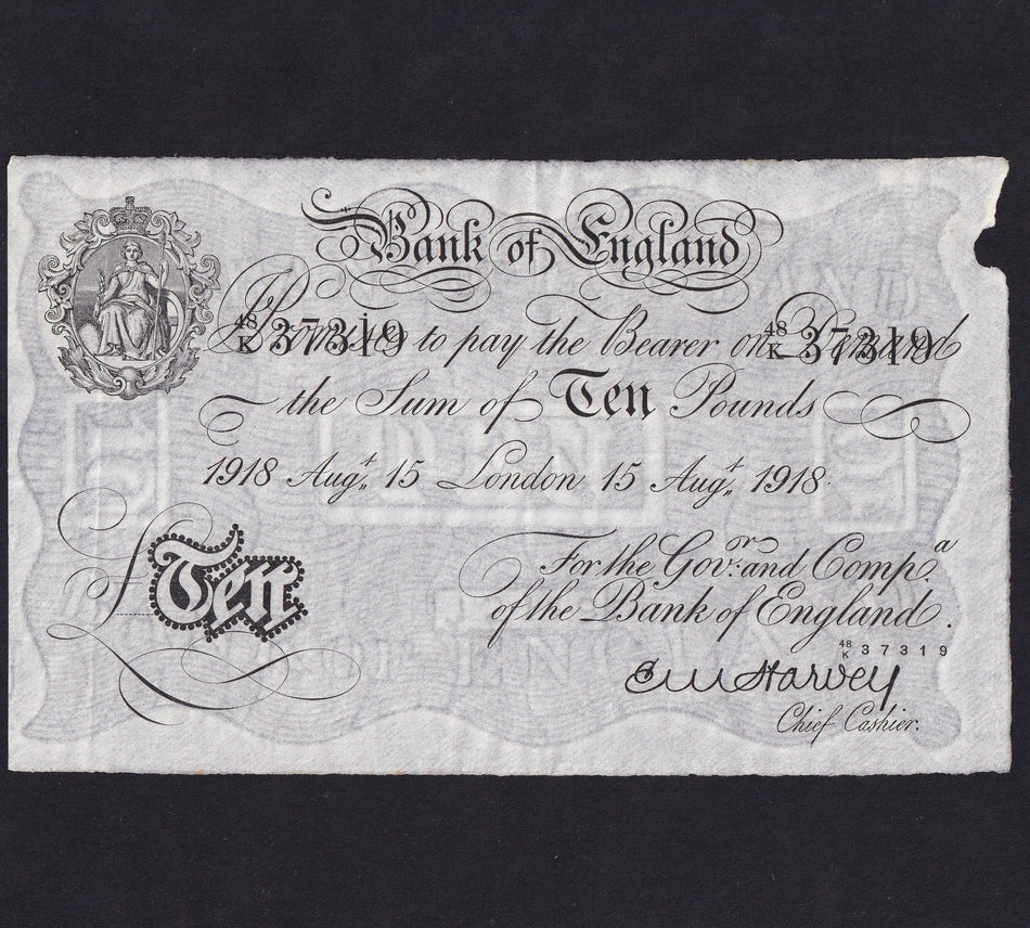 Bank of England (B209b) Harvey, £10, 15 August 1918, 48K 37319, Good VF