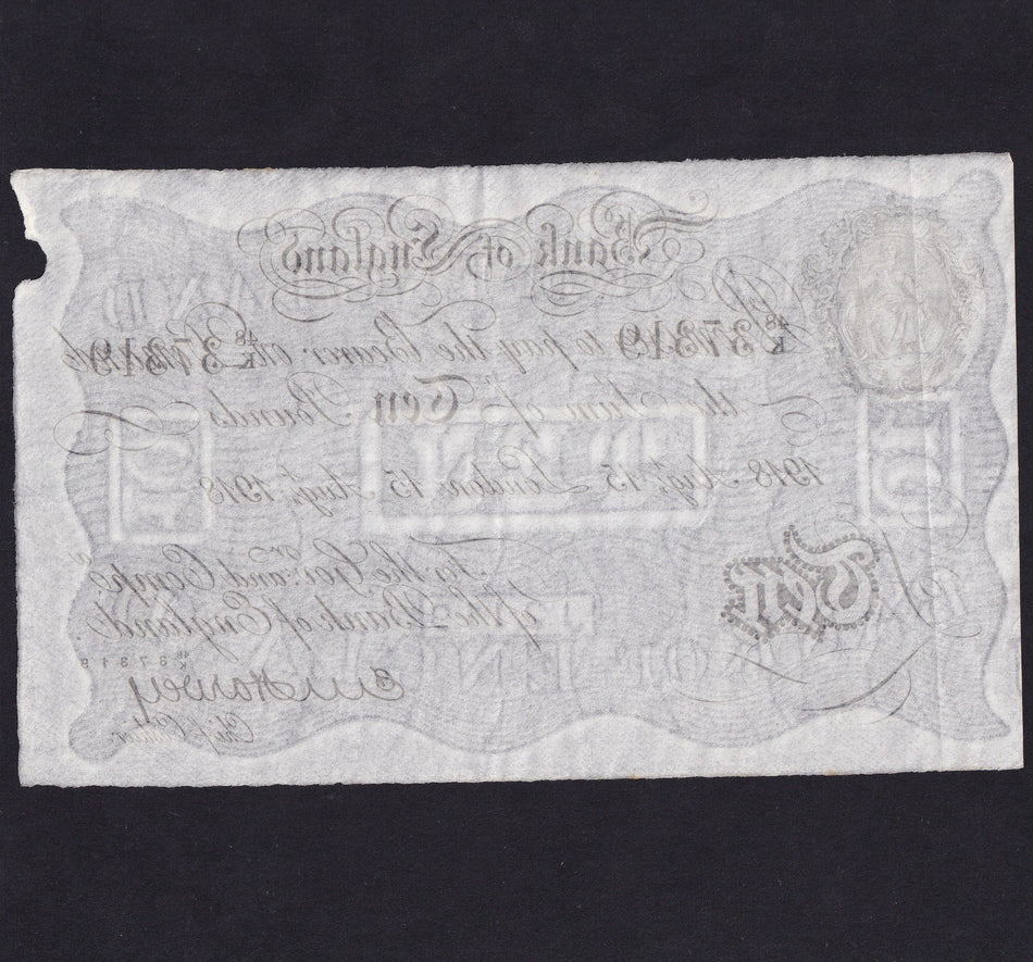 Bank of England (B209b) Harvey, £10, 15 August 1918, 48K 37319, Good VF