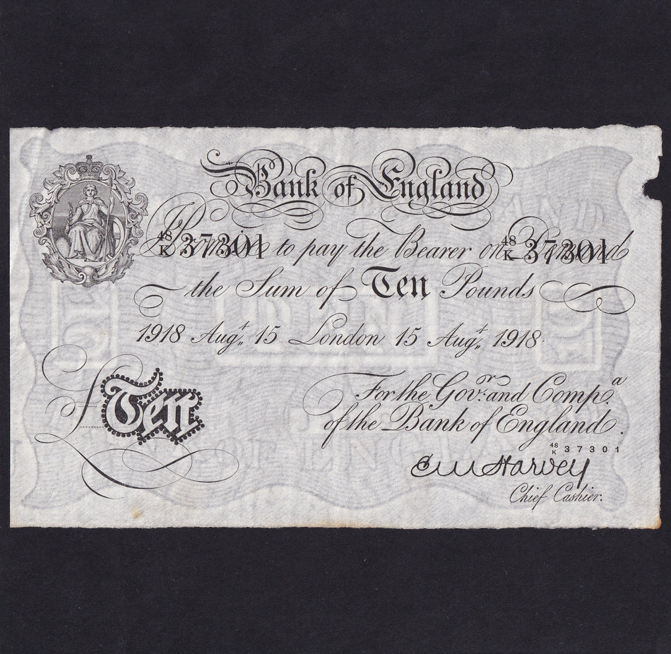 Bank of England (B209b) Harvey, £10, 15 August 1918, 48K 37301, Good VF