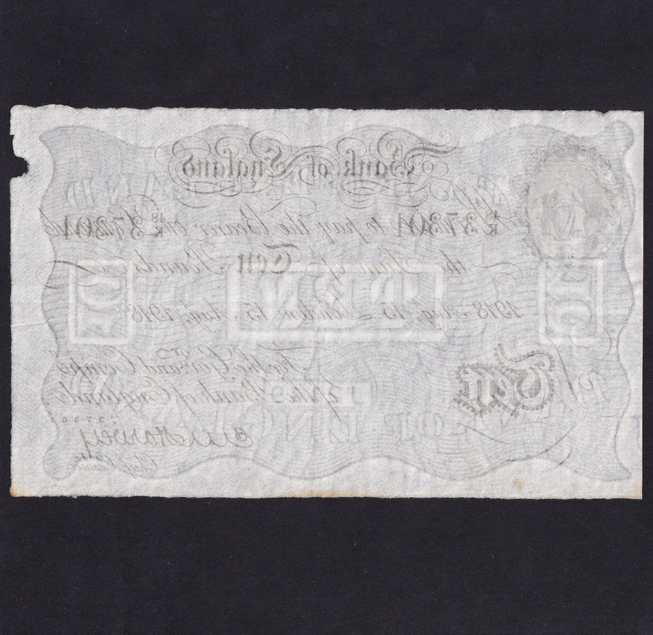 Bank of England (B209b) Harvey, £10, 15 August 1918, 48K 37301, Good VF