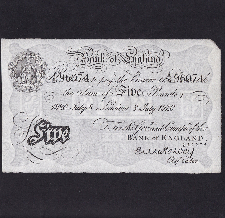 Bank of England (B209a) Harvey, £5, 8 July 1920, A32 96074, pressed, VF