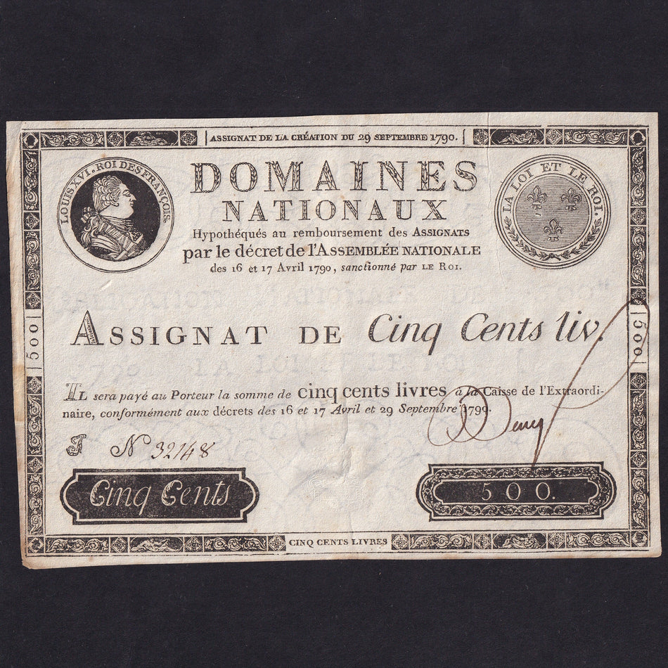 France (Assignats, PA40) 500 Livres, 29th September 1790, King Louis XVI, no.32148, rust, Good VF