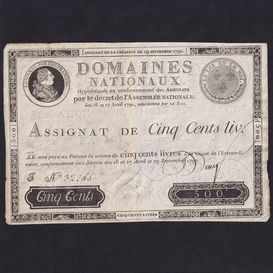 France (PA40) 500 Livres, 29th September 1790, King Louis XVI, no.32248, rust, Good VF