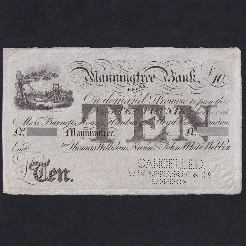 Provincial - Manningtree Bank, £10, c.1869, partnership as for Manningtree & Colchester Bank but this bank unlisted, cancelled , Good EF