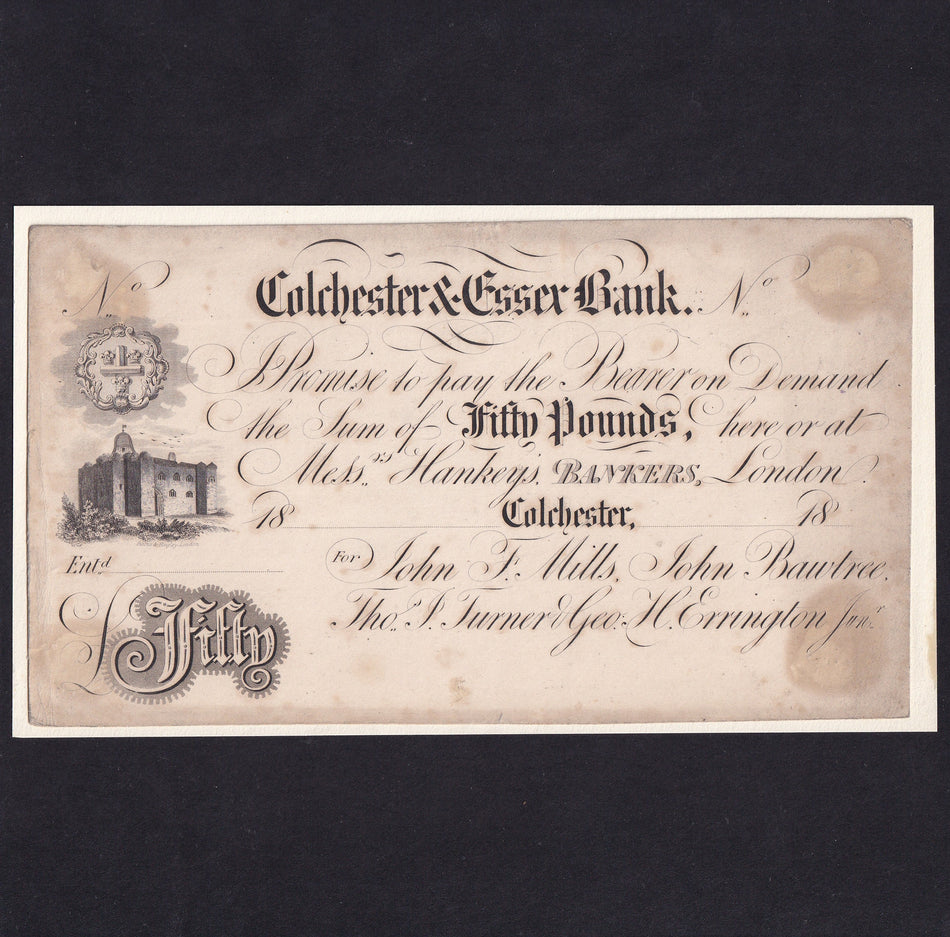 Colchester & Essex Bank, £50 obverse proof, for Colchester branch, Outing 580 for type, mounted on card, mount marks, Good Fine
