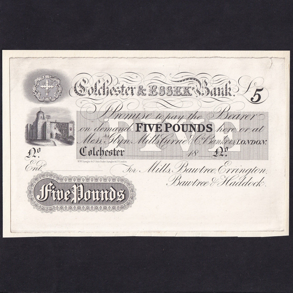 Provincial - Colchester & Essex Bank, £5 obverse proof, for Colchester branch, Outing 580 for type, mounted on card, EF