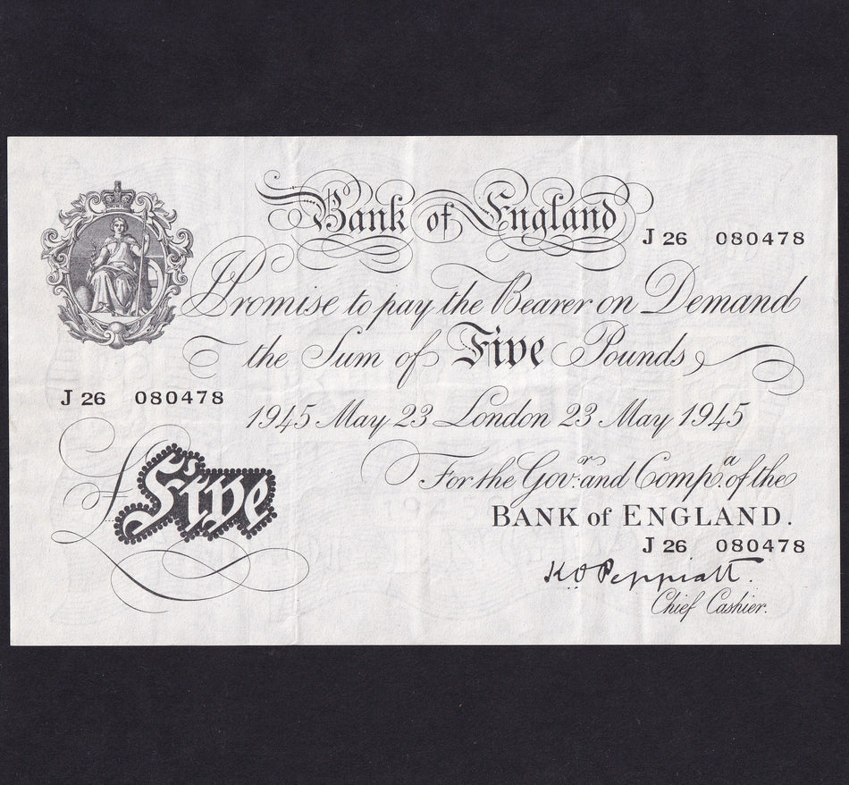 Bank of England (B255) Peppiatt, £5, 23 May 1945, J26 080478, thick paper, F/VF
