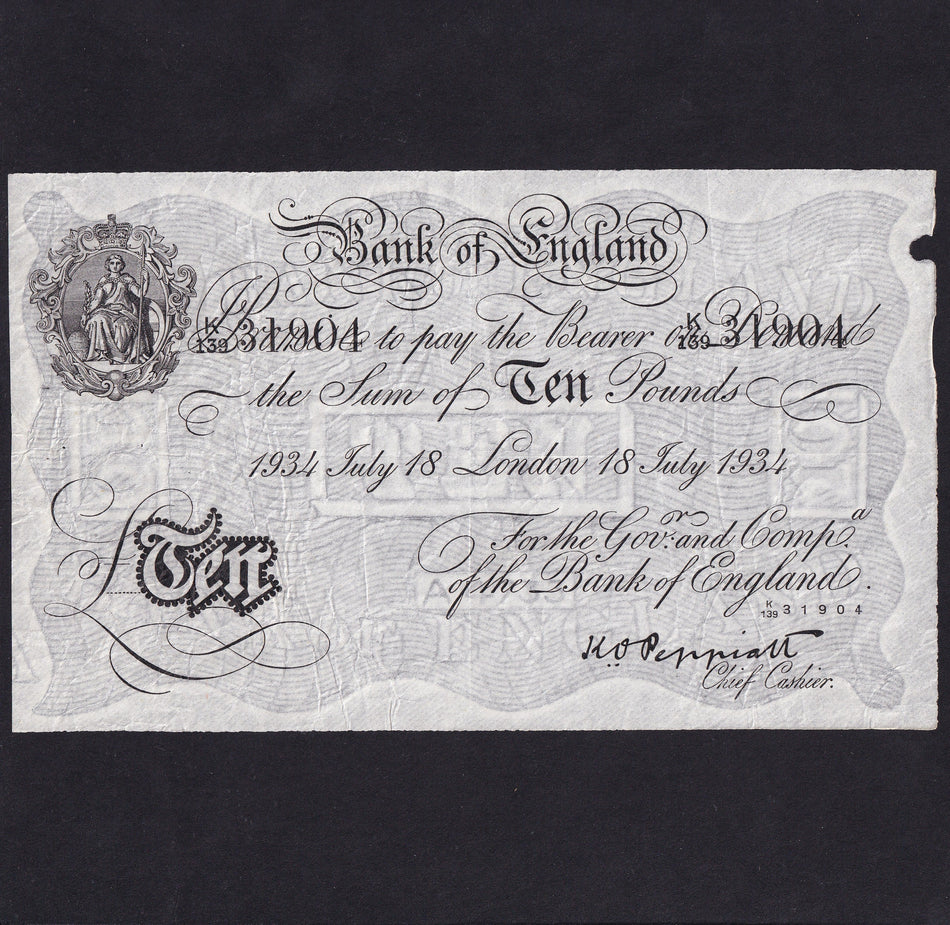 Operation Bernhard - Nazi forgery 1942-44, Peppiatt, £10, 18 July 1934, K139 31904, VF