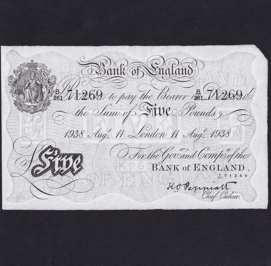 Bank of England (B241) Peppiatt, £5, 11 August 1938, B261 712269, serial number indents on reverse, A/UNC