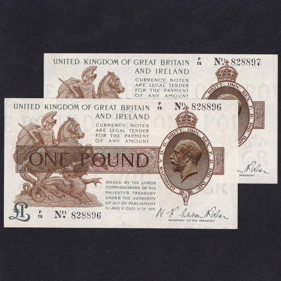 Treasury Series (T24) Fisher, £1 pair in sequence, P75 828896/97, serial number indents on reverse, A/UNC