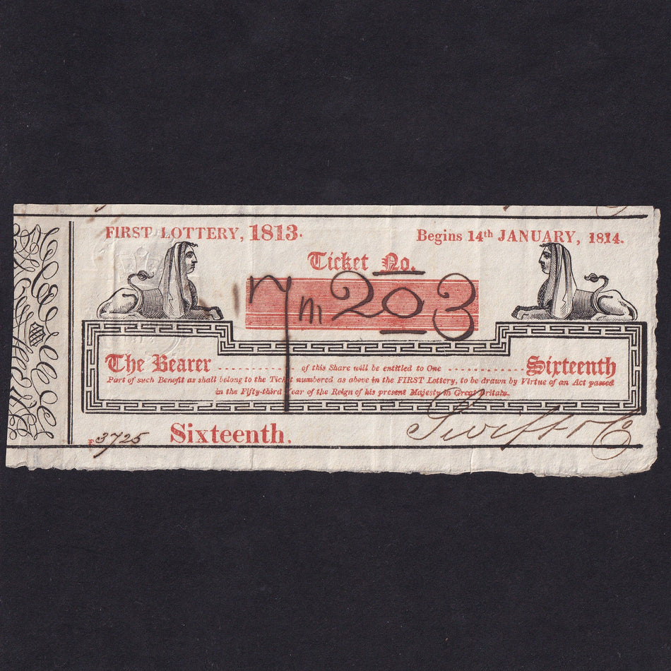 England, 1/16th Lottery Ticket, 1814, no. 7m203, VF