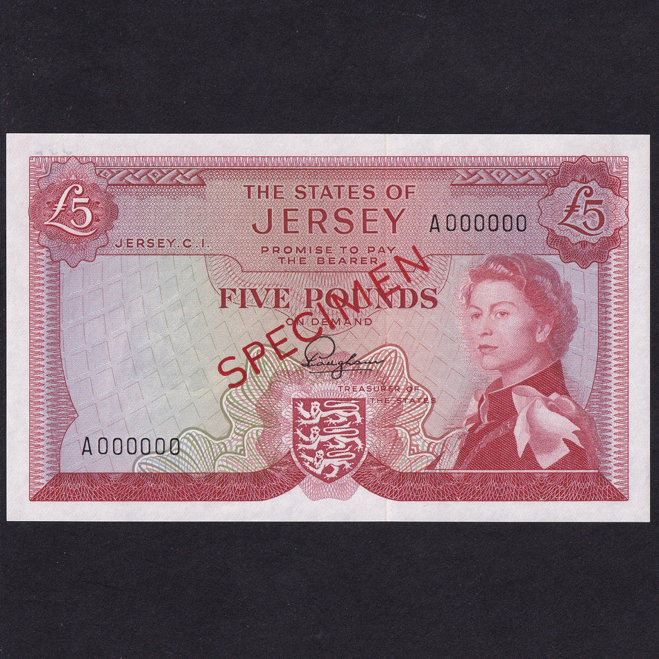 Jersey (P8S1a) £5 specimen, Padgham, A000000, UNC