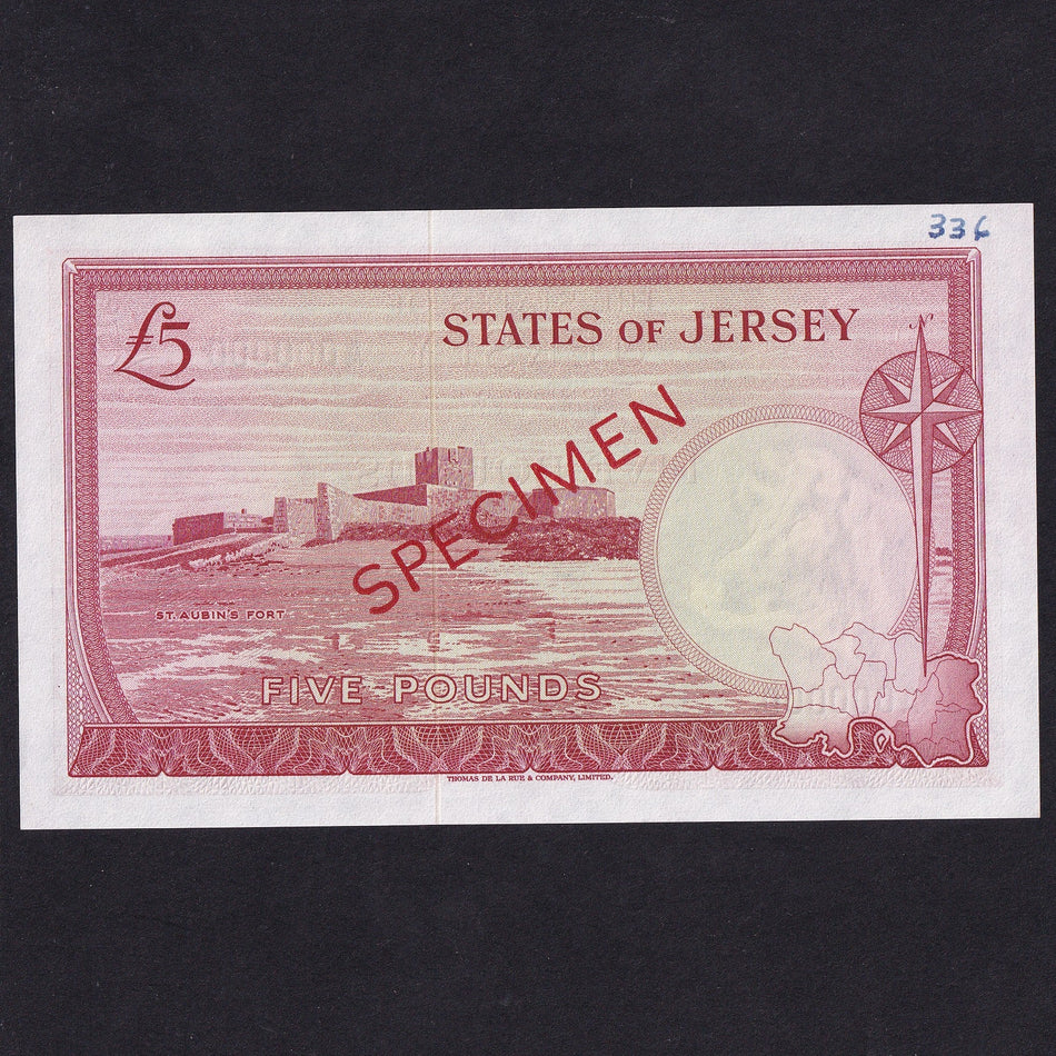 Jersey (P8S1a) £5 specimen, Padgham, A000000, UNC