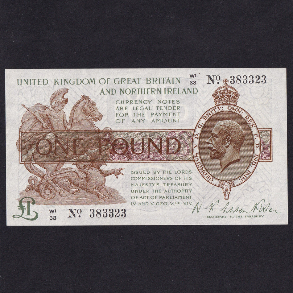 Treasury Series (T34) Fisher, £1, Northern Ireland, W1/33 383323, serial indents reverse, Good EF/UNC
