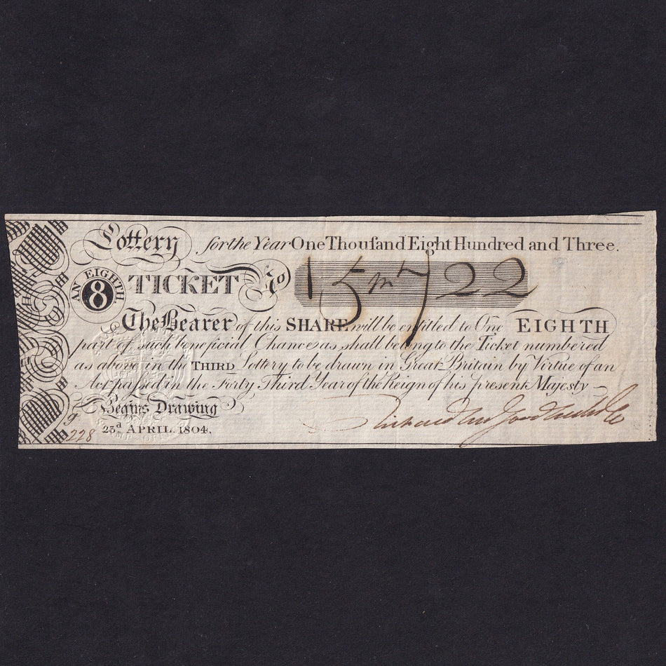 England, 1/8th Lottery Ticket, 1803, no.15/722, EF