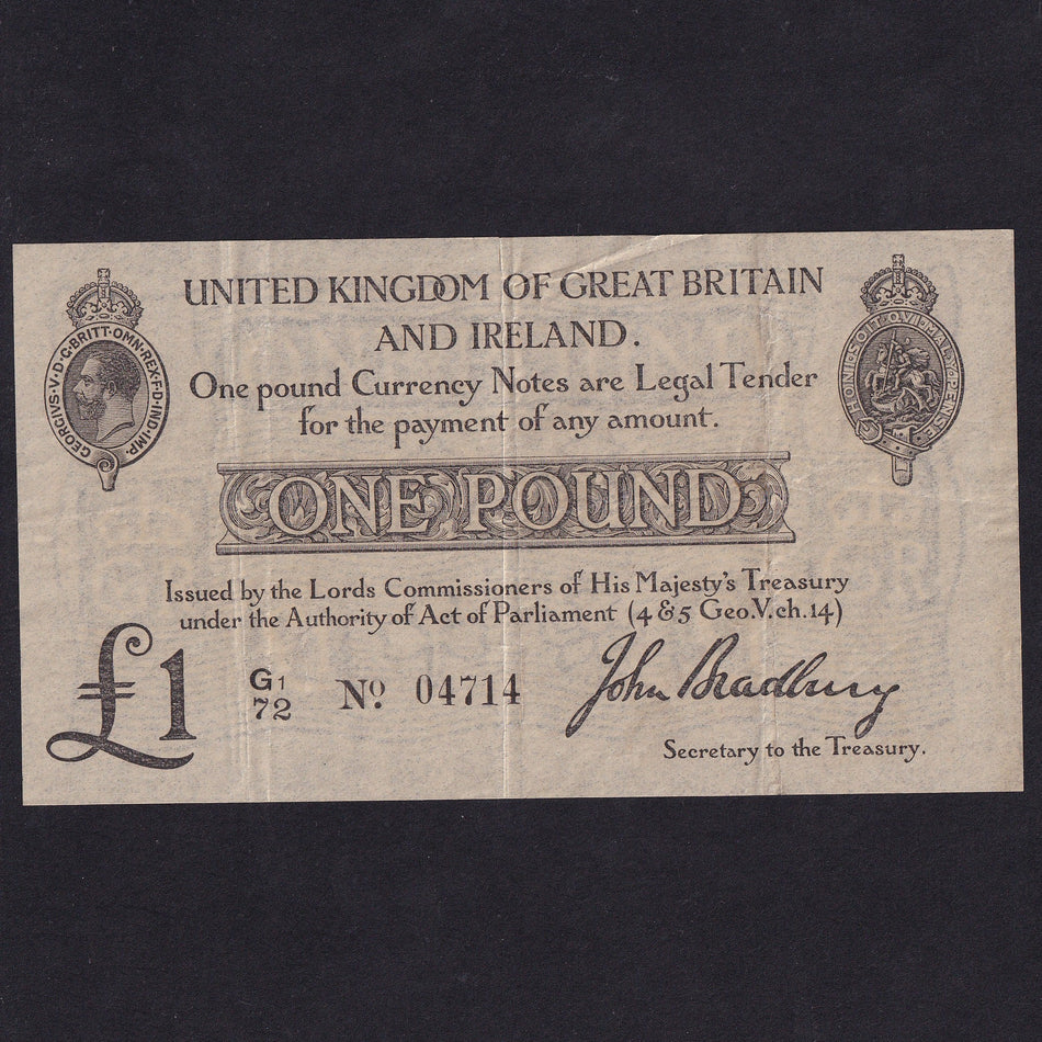 Treasury Series (T11 type 2) Bradbury, £1, G1/72, serial number indents reverse, VF