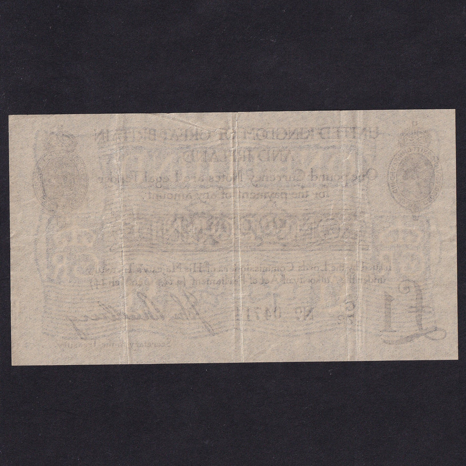 Treasury Series (T11 type 2) Bradbury, £1, G1/72, serial number indents reverse, VF