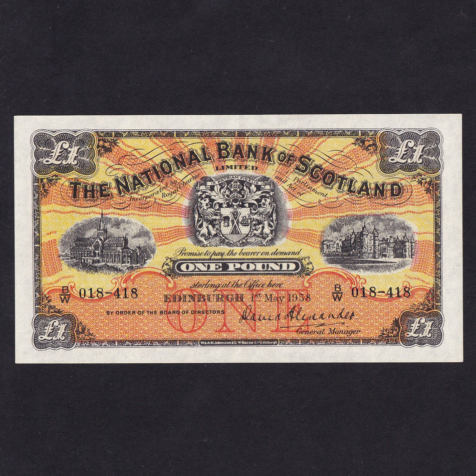 Scotland (P258c) National Bank of Scotland, £1, 1st May 1958, B/W 018-418, PMS NA51, EF