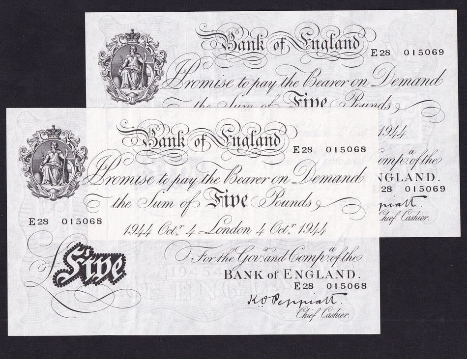 Bank of England (B255) Peppiatt, £5 pair in sequence, 4 October 1944, E28 015068/69, handstamp reverse, otherwise Good EF