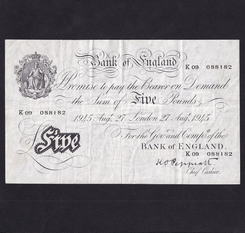Bank of England (B255) Peppiatt, £5, 27th August 1945, K09 088182, thick paper, F/VF