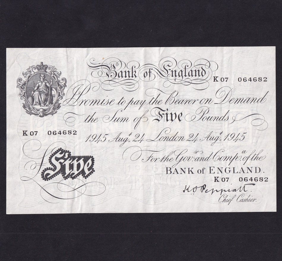 Bank of England (B255) Peppiatt, £5, 24 August 1945, K07 064682, thick paper, F/VF