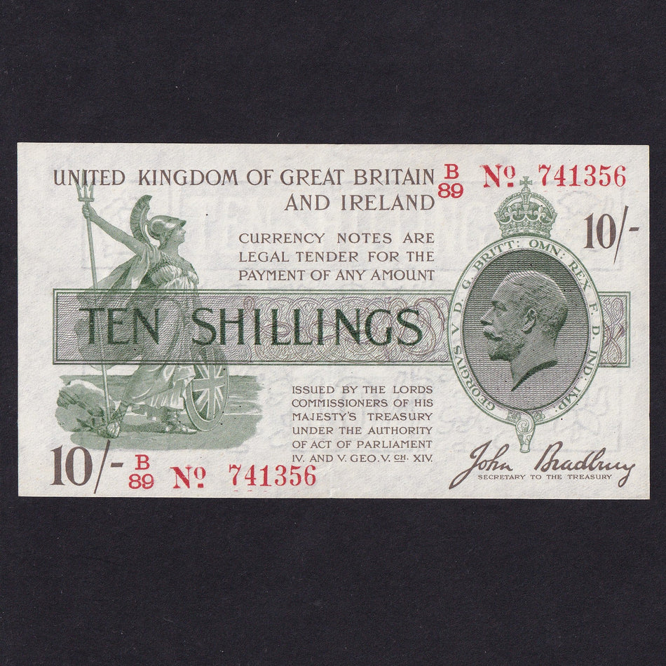 Treasury Series (T20) Bradbury, 10 Shillings, B89 741356, red dash, serial indents reverse, VF
