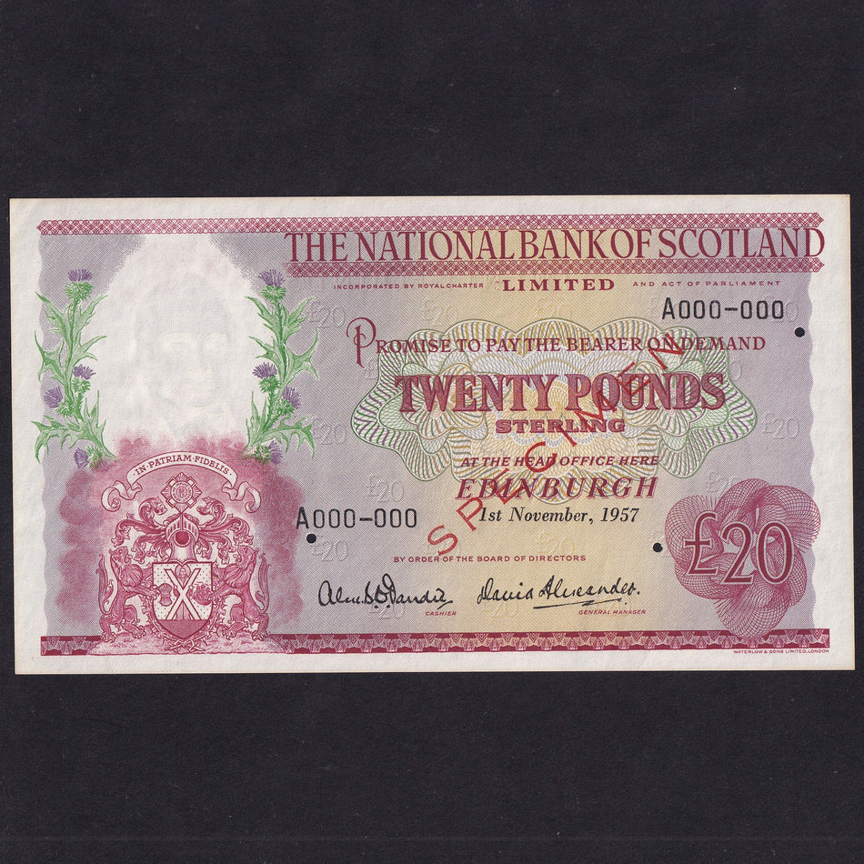 Scotland (P263s) National Bank of Scotland, £20 specimen, 1st November 1957, Waterlow, A000-000, PMS NA69s, slight rust, Good EF/ UNC