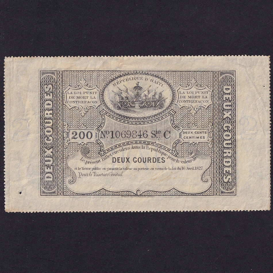 Haiti (P33) 2 Gourdes, L.1827, no.1069846, Charles Skipper & East printer, pinholes, Good EF