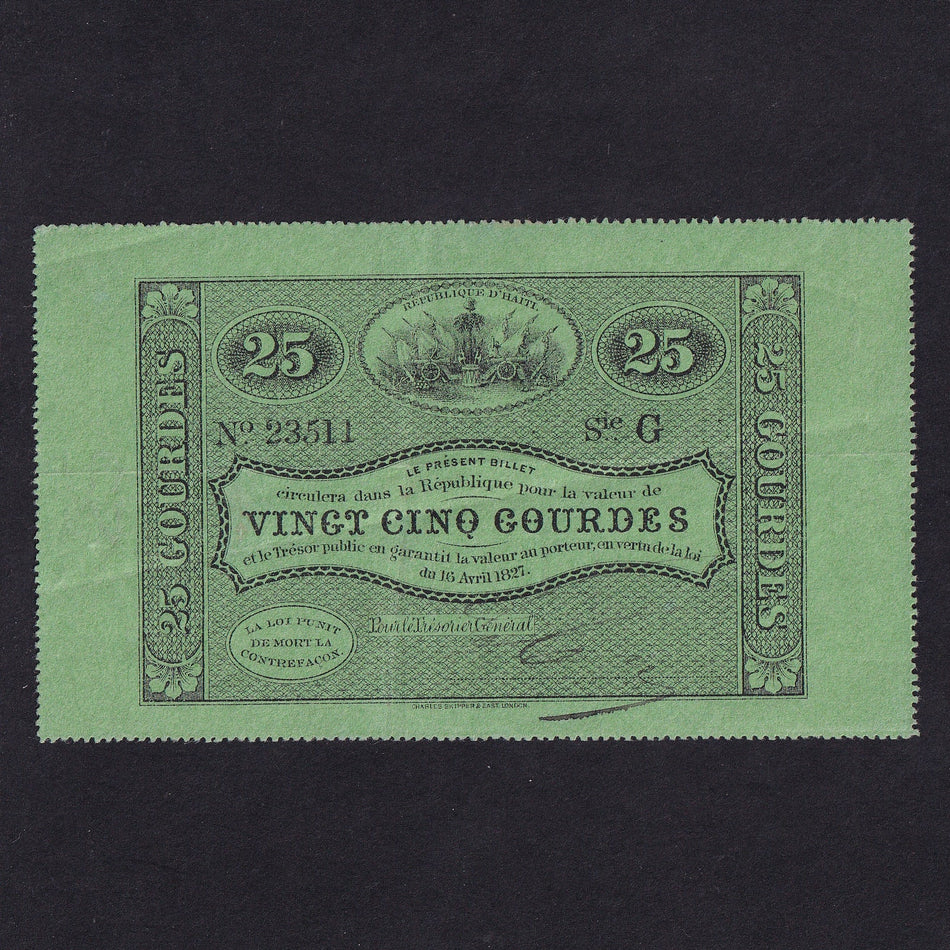 Haiti (P37) 25 Gourdes, 1827, series G, no.23511, EF