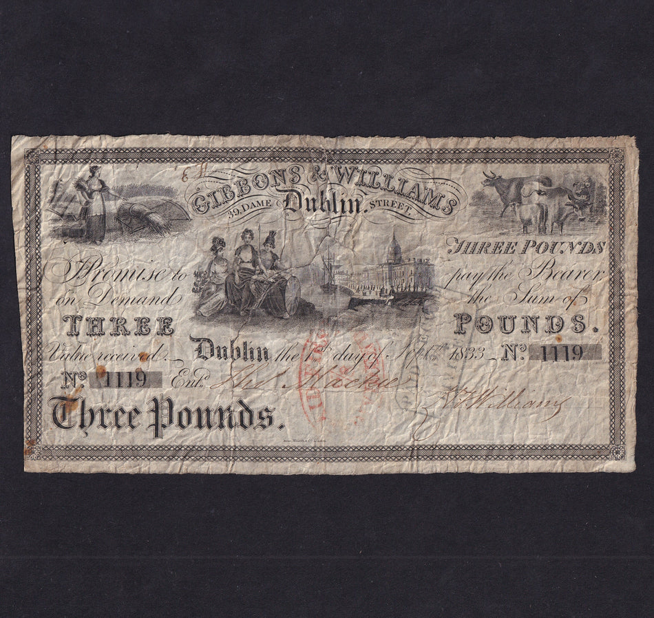 Ireland, Gibbons & Williams, £3 note, 1st September 1833, no.1119, PB159, rust, Good Fine