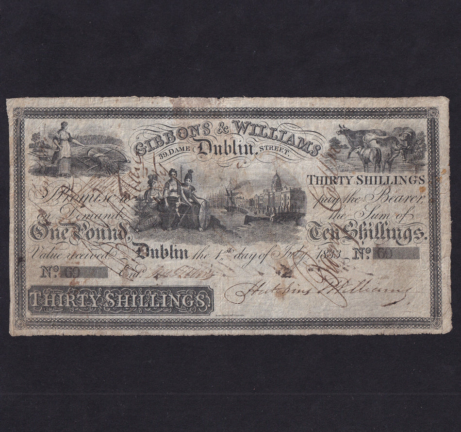 Ireland, Gibbons & Williams, 30 Shillings note, 1st July 1833, no.60, PB159, rust, Good Fine