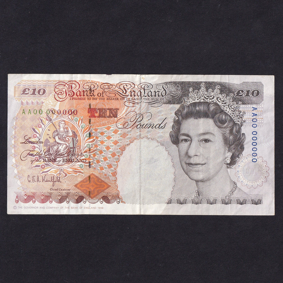Bank of England (B369r) Kentfield, £10 registration note, these got put in circulation by accident, AA)) 000000, ink mark, Fine
