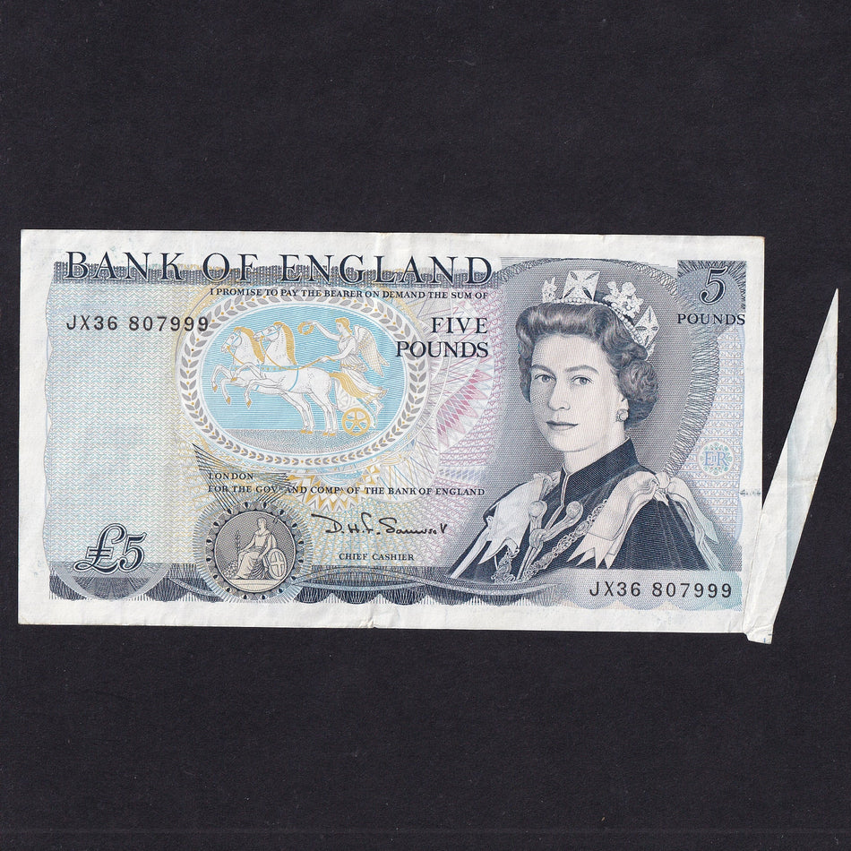 Bank of England (B343) Somerset, £5 error, extra paper, JX36 807999, VF