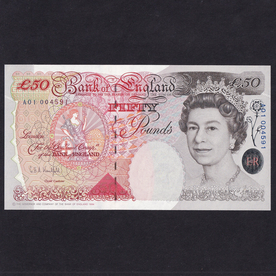 Bank of England (B377) Kentfield, £50, first million, A01 004591, UNC