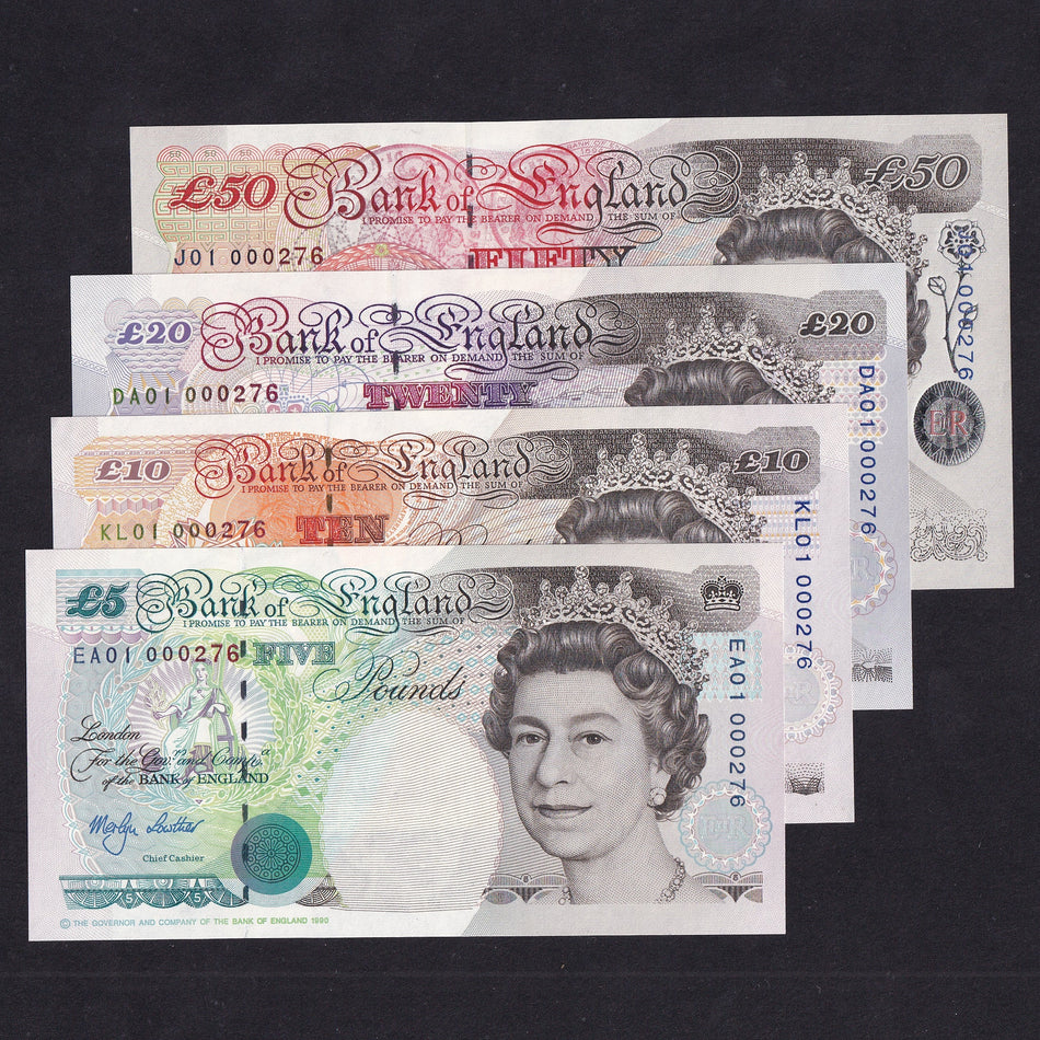 Bank of England (C147: B380, B382, B384 & B385) £5, £10, £20 & £50 set, all first million & low serial, EA01/ KL01/ DA01/ J01 000276, UNC