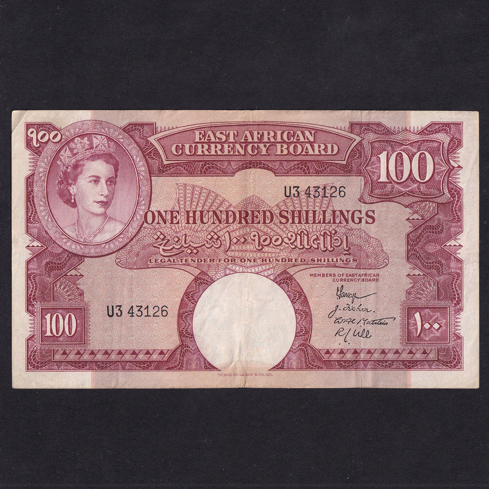 East Africa (P40) 100 Shillings, 1958, QEII, U3 43126, four signatures, A/VF