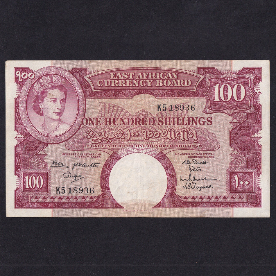 East Africa (P44c) 100 Shillings, 1961, QEII, K5 18936, seven signatures, VF