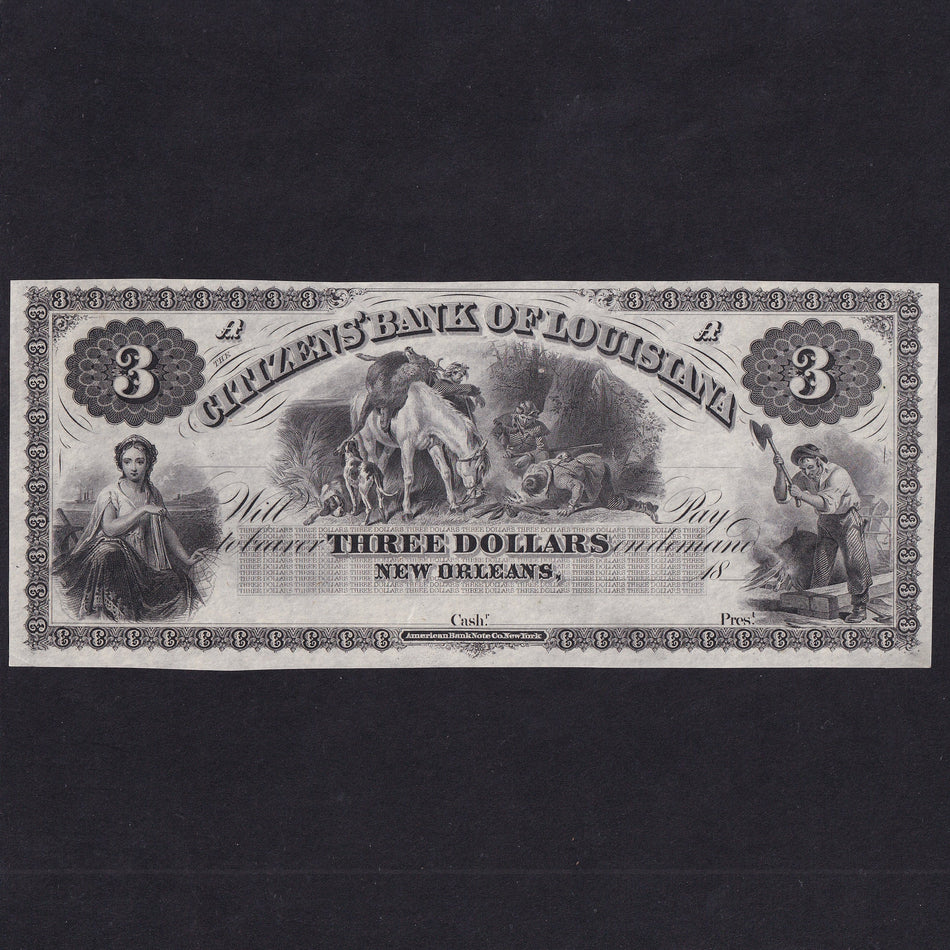 US Obsolete, Citizens' Bank of Louisiana, $3, 18xx, unissued, Good EF