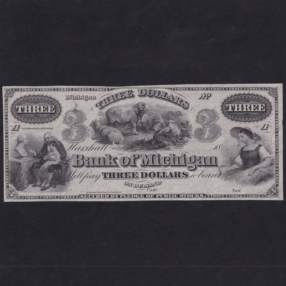 US Obsolete, Bank of Michigan, $3, 18xx, unissued, UNC