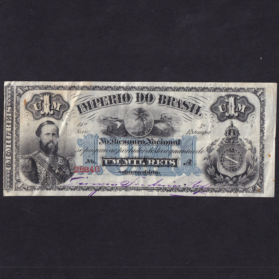 Brazil (PA244) 1 Mil Reis, 1870, Estampa 5a no.28840, slight rust, Good VF