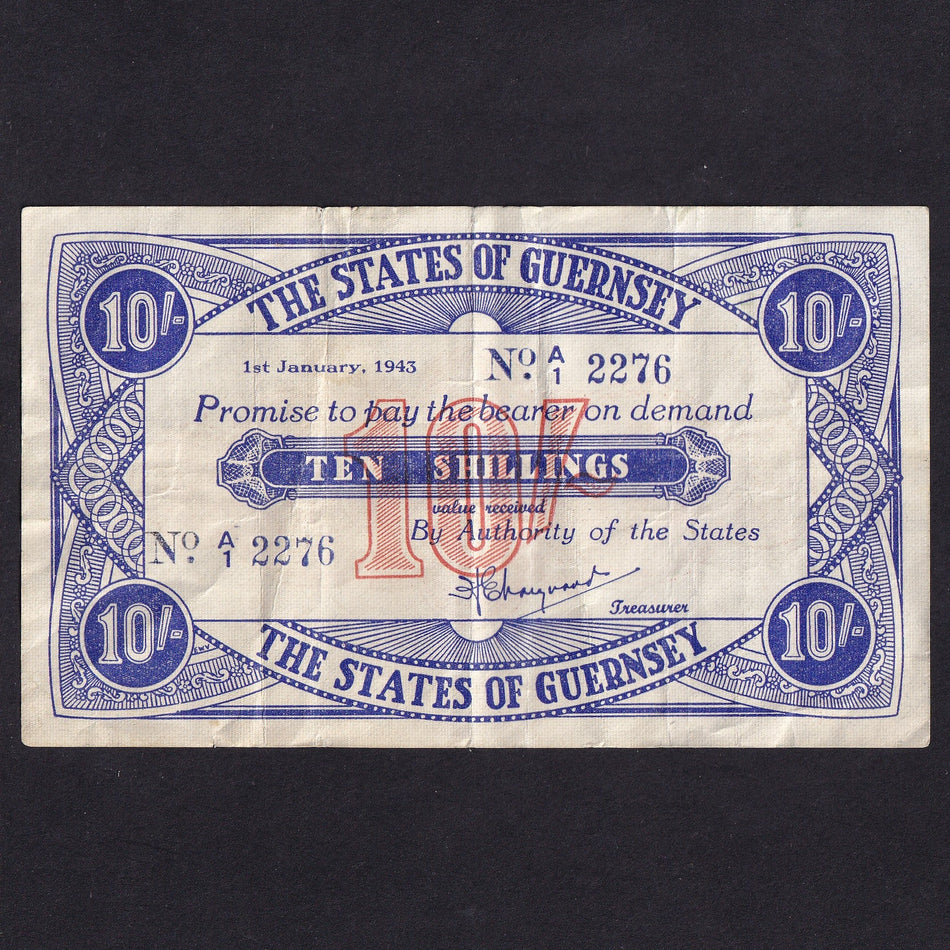 Guernsey (P32) 10 Shillings, 1st January 1943 (issued 9th May 1944), A/1 2276. G244, small edge tear otherwise A/VF