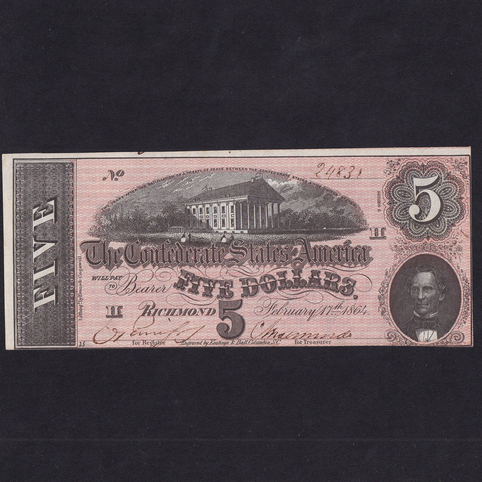 Confederate States (P67) $5, 1864, no.24831, Good EF