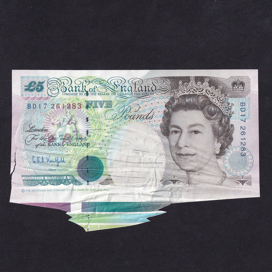 Bank of England (B364) Kentfield, £5 error, BD17 261283, extra paper with colour registration but damaged in the cutting of the sheet