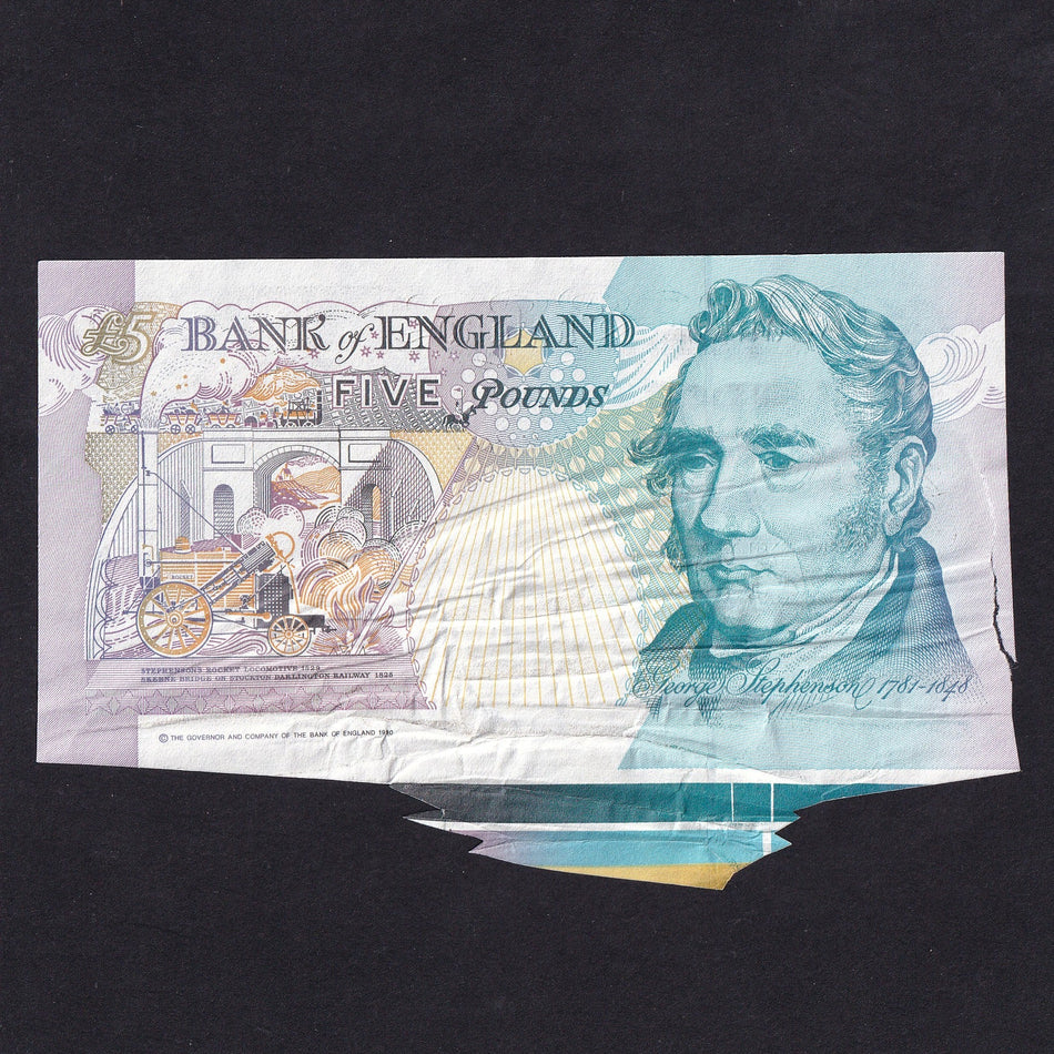 Bank of England (B364) Kentfield, £5 error, BD17 261283, extra paper with colour registration but damaged in the cutting of the sheet
