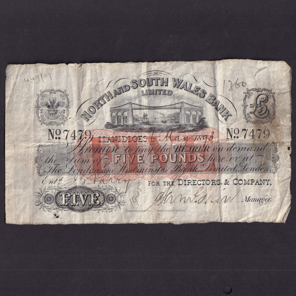 Provincial - North and South Wales Bank Limited, £5, 1893, Llanidioes, no.7479, issued note not cancelled, Outing 1263b, pinholes, Fine