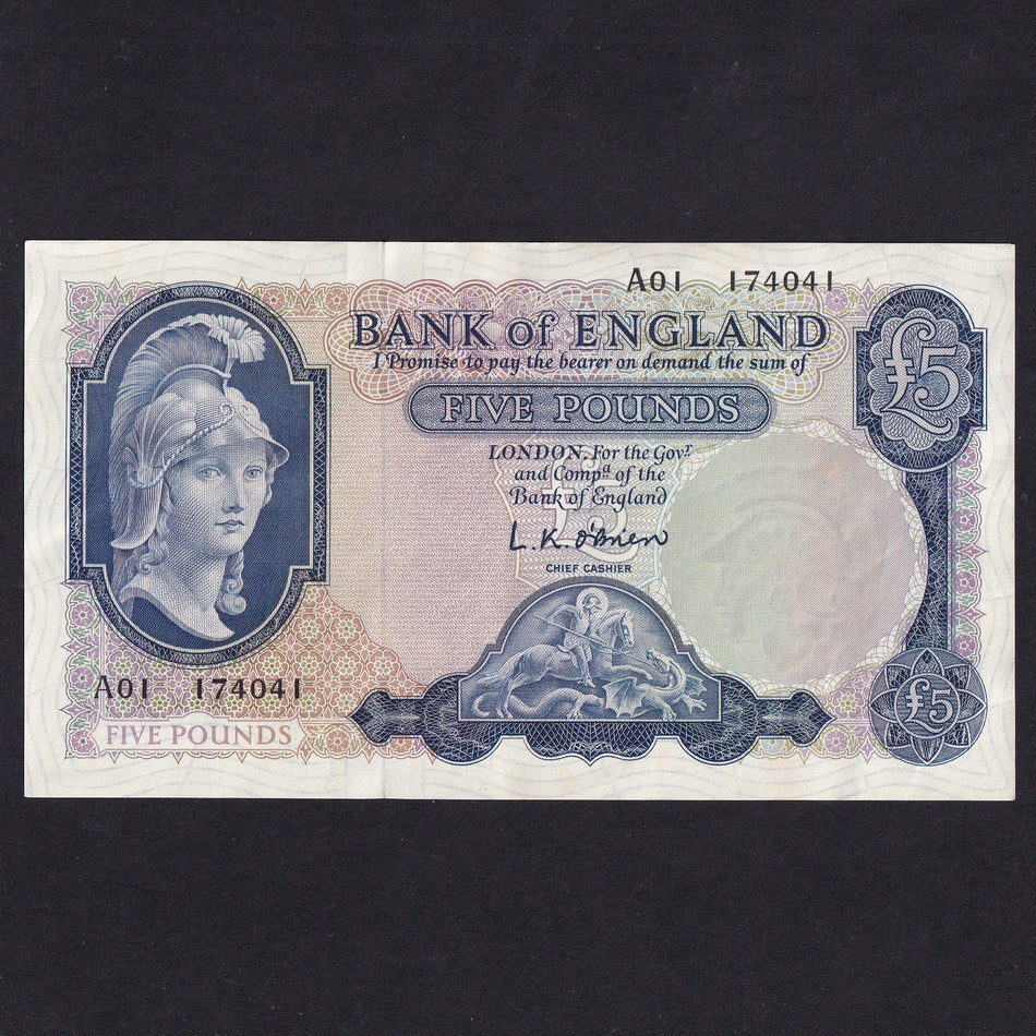 Bank of England (B277) O'Brien, £5, first million, A01 174041, Good VF/EF
