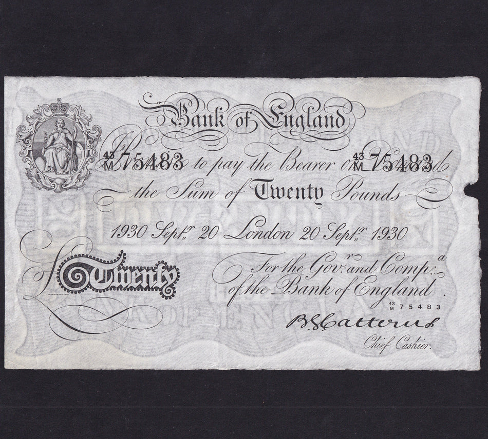Bank of England (B230) Catterns, £20, 20th September 1930, 43N 75483, slight rust, Good VF